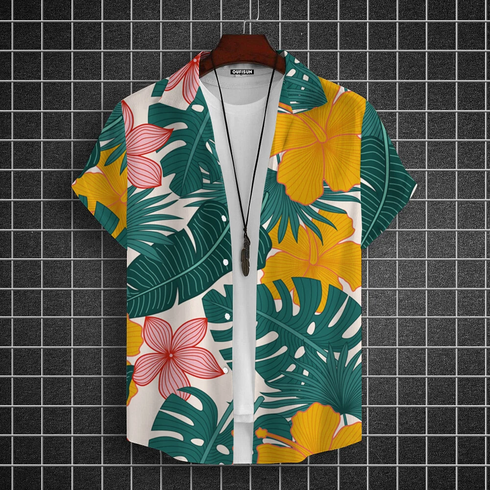 Hawaii Shirt Hundred New Mens Lapel Shirt Casual Youth Short Sleeve Tops Men\'s 3d Leaf Print Pattern Oversized Blouse