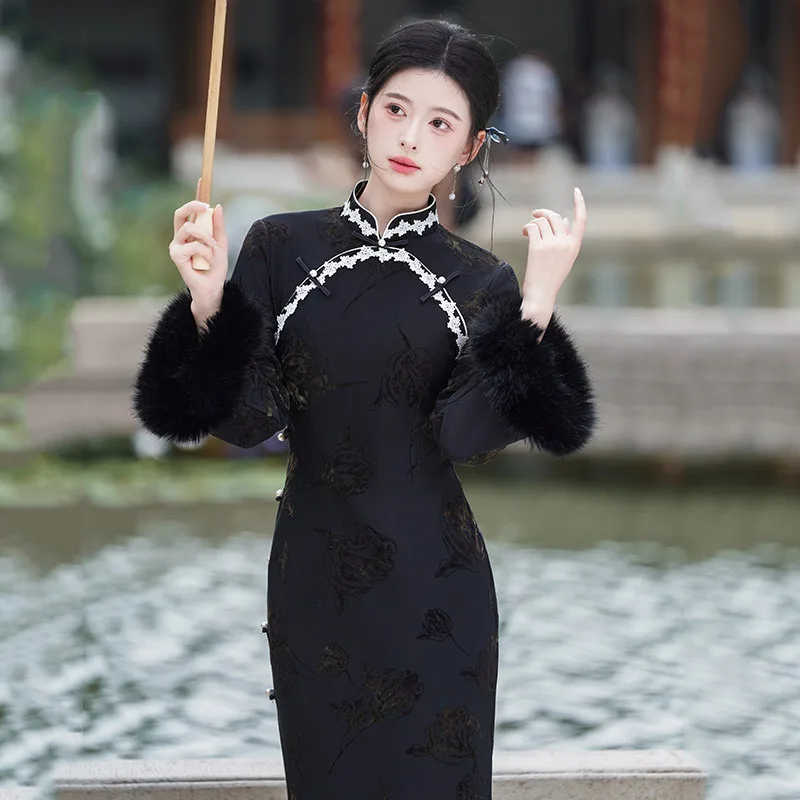 Preto grosso inverno estilo chinês manga longa cheongsam 2025 novo melhorado jovem feminino retro outono qipao vestido