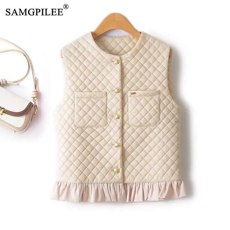 

2023 Winter New Sweet Cotton Padded Vest Women O Neck Single Breasted Warm Rhombus Lace Korean Fashion Sleeveless Jackets Woman