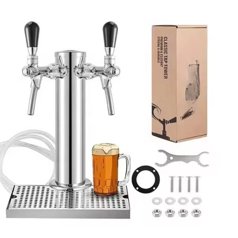 Dual Beer Faucet Tap Kegerator Tower,3'' Dia. Stainless Steel Column Beer Dispenser with Hose,Wrench,Brewing Bar Kit