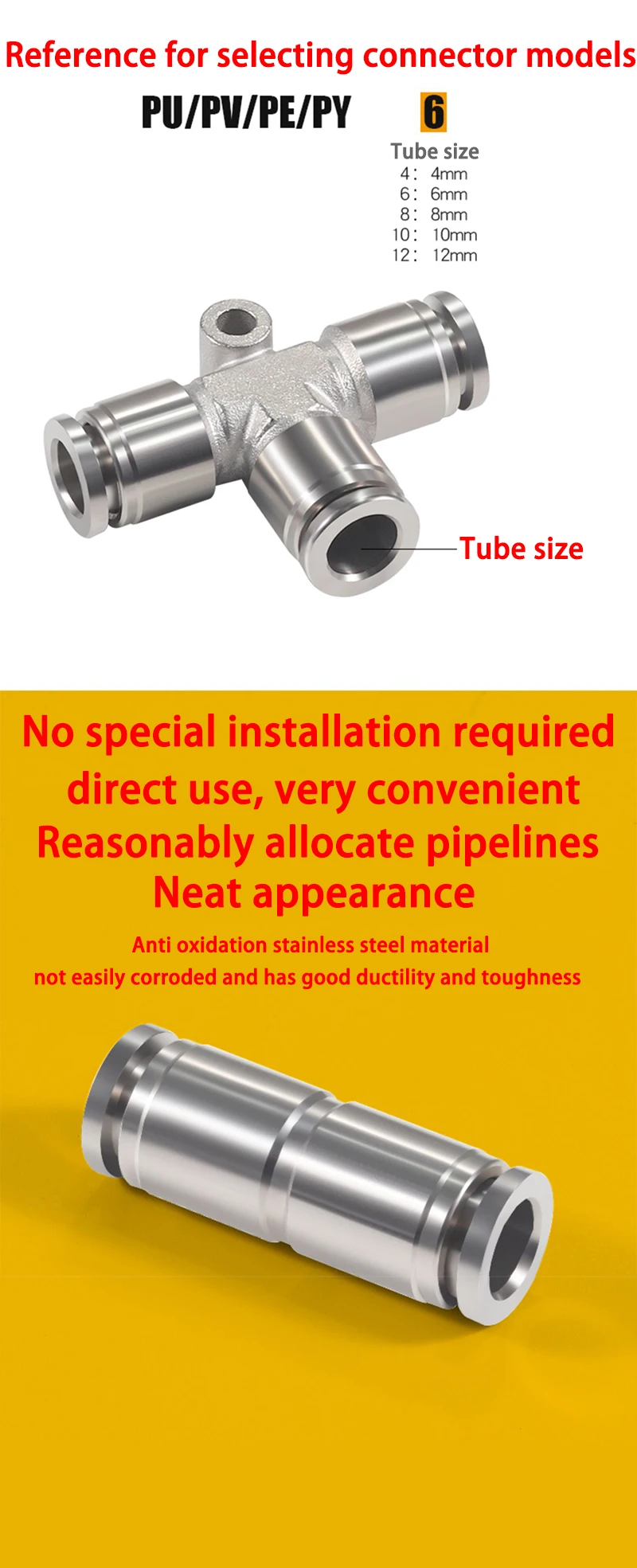 5 Stück PU PY PE 304 Edelstahl Metall Pneumatische Schnellkupplung 4 6 8 10 12 14 16mm Steck-Luftschlauchverbinder PU4 PE6 PY8 PE16 – Detail 2