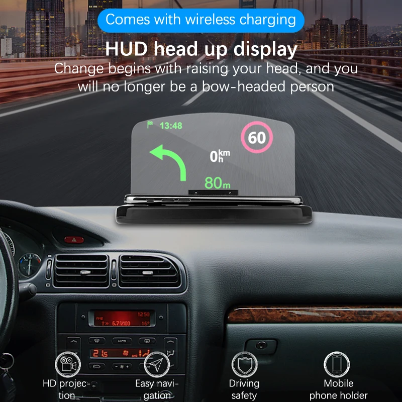 Mobile Phone Holder HUD Car Navigation Projector Head-up Display QI Wireless Charger Car Holder