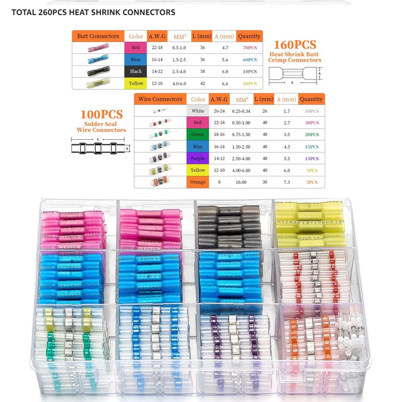 

100 шт. соединители для проводов с паяным уплотнением и 160 шт. термоусадочные обжимные водонепроницаемые электрические клеммы, комплект соединителей для проводов, 26-8 AWG
