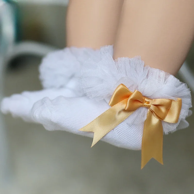 Spring Newborn Baby Socks with Bow Ribbon Lace Princess Solid Soft Cotton Infant Baby Girls White Autumn Socks New Year Gifts