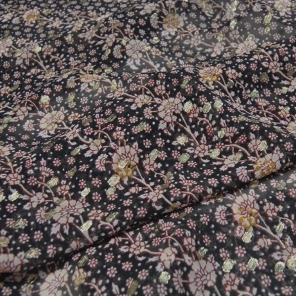 قماش حريري معدني بتصميم زهور ذهبي أنيق لامع مع مادة رائعة لتنورة فستان نسائية لشال العطلات #2