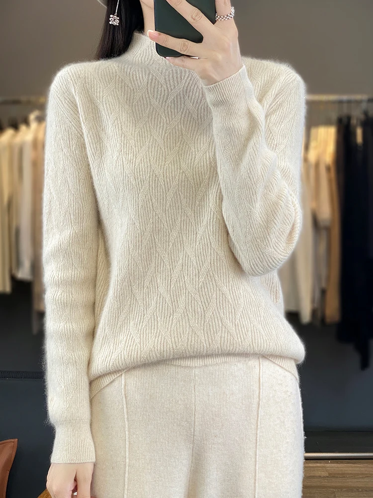 2023 New Women Sweater Autumn Winter Mock Neck Long Sleeve Pullover 100% Merino Wool Twist Basic Cashmere Knitted Female Clothes