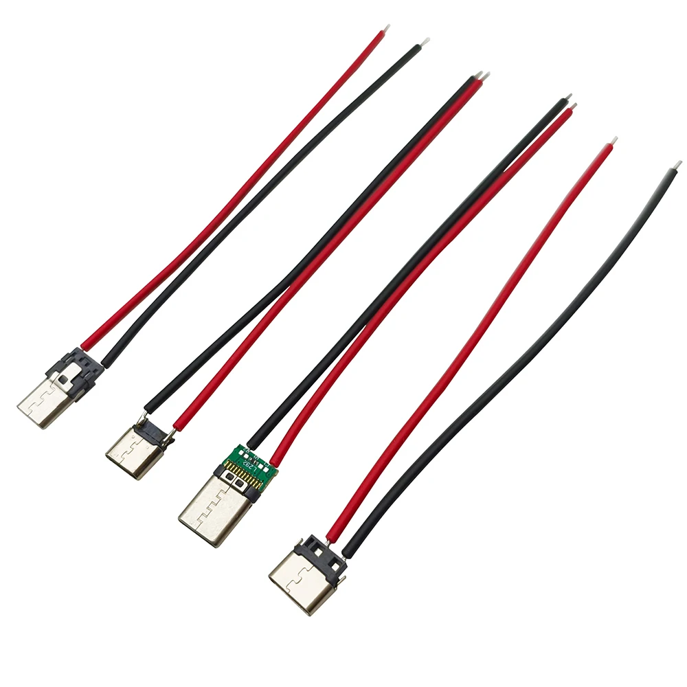 Conector de Fio de Solda Micro USB Tipo C 2 Pinos Macho/Fêmea de 10cm (2/5/10 Peças) - Soquete de Carregamento USB-C para Porta de Carregamento de Celular