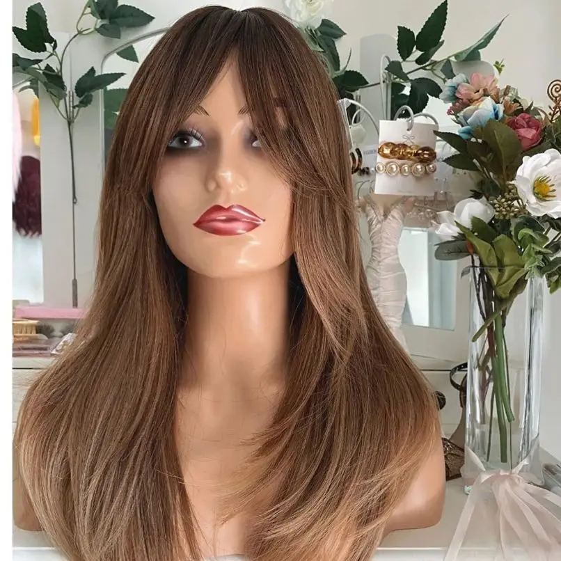 Ombre loira marrom em camadas peruca de cabelo reto com franja perucas dianteiras do laço para as mulheres perucas dianteiras do laço sintético preplucked linha fina