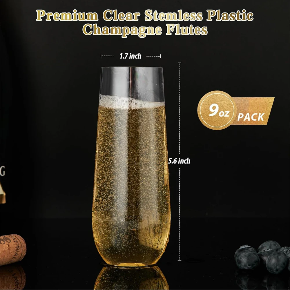 Stemless Plastic Champagne Flutes 9 oz, Crystal Clear Stemless Plastic Toasting Glasses, Clear Disposable Unbreakable Drinkware