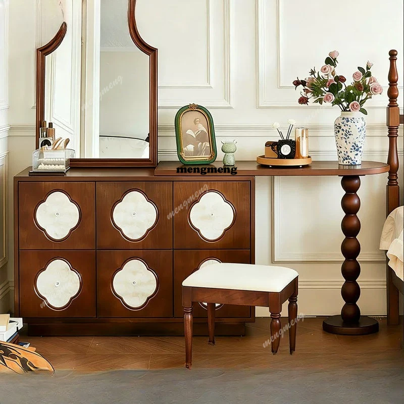 

American light luxury solid wood dresser integrated antique bedroom retractable makeup table French chest