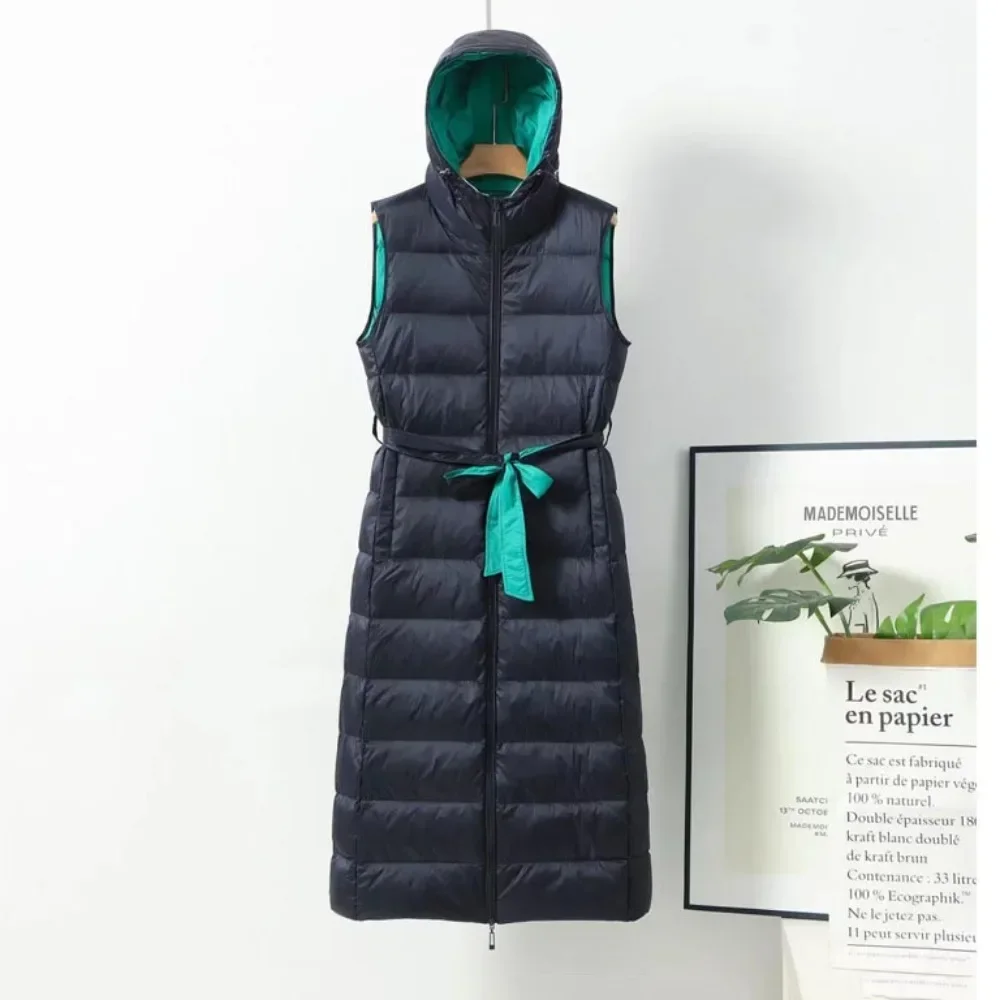 2025년 신상 가을 겨울 따뜻한 경량 오리털 패딩 민소매 롱 후드 다운 조끼 여성 슬림 웨이스트밴드 코트