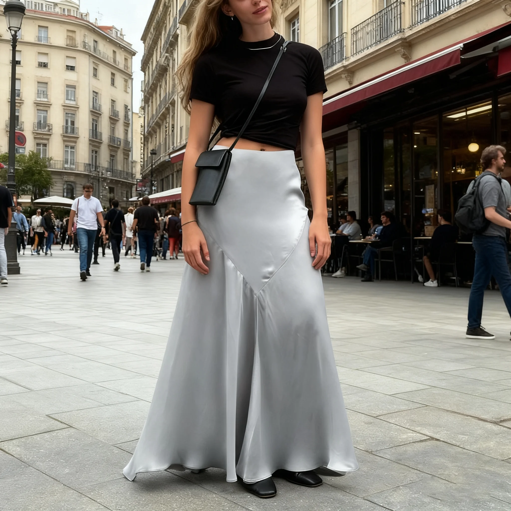 2026 エレガントグレーサテンスカート レディースファッション ミッドウエスト スリット入り 無地スカート カジュアル ルーズ マキシスカート ストリートウェア 女性用スカート