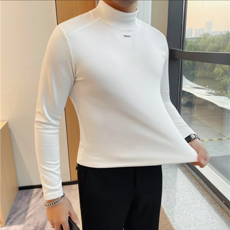 Men's Half High Collar Pure Color Slim Fit T-shirt, Young Fashion Autumn and Winter Stretch Knit Sweater.M-4XL