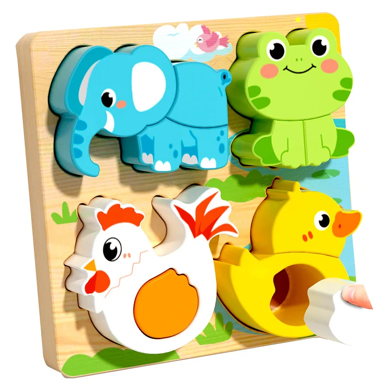 2pcs Thicken Wooden Animal Puzzles 3D Traffic Cars 4-in-1 Early Education Intelligence Jigsaw Toys Matching Blocks for Kids Gift