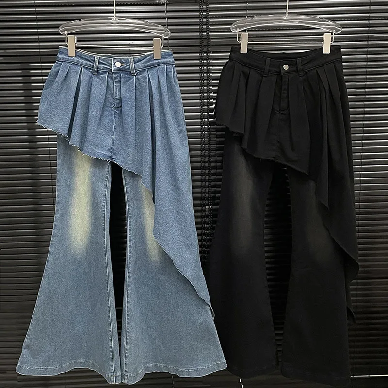 DEAT-Jupe irrégulière évasée pour femme, pantalon en jean taille haute, pantalon en denim, personnalité, faux deux, nouveaux articles, automne, Chim2024, 29L8712