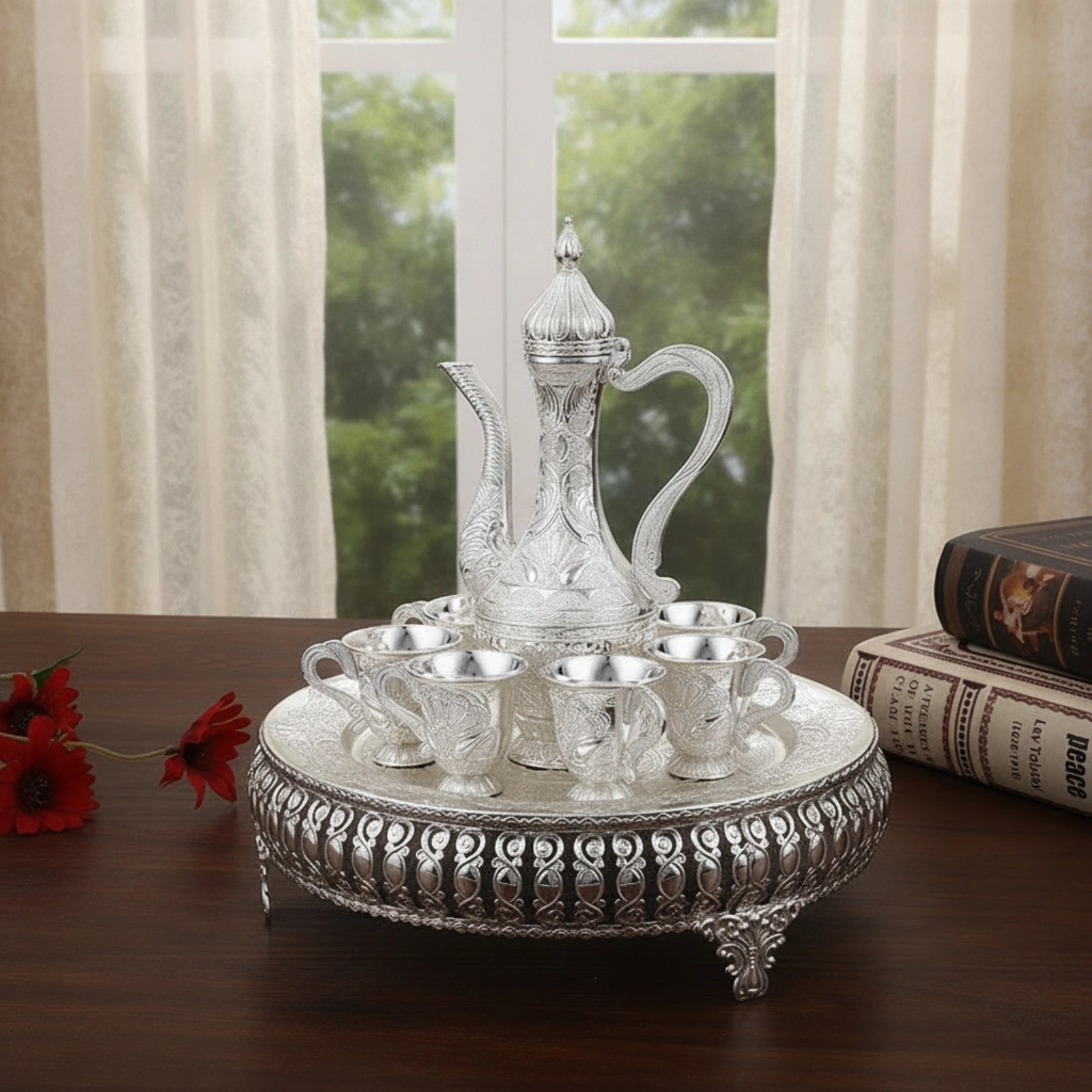Tea Service with Tray Ornate Tea Set with Tray Turkish Coffee Set Embossed Drinkware Metallized for Collectors, Home Decor view 2