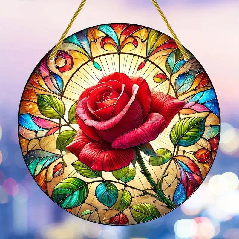 Colorful Roses Sun Catcher-Round Acrylic Stained Art Translucent Window Hanging Sign,Home,Porch,room,bedroom,Garden Decor
