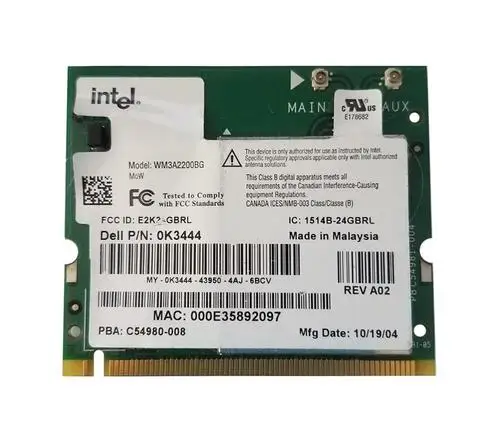 

Dell K3444 (Intel WM3A2200BG) Карта адаптера Intel Pro Wireless 2200 WLAN — Wi-Fi 80211b/g — Mini PCI Express — новая в употреблении