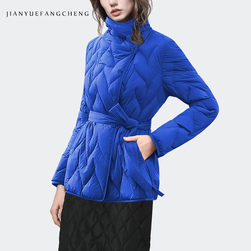 2024 Autumn Winter Down Jacket,Lapel Collar Cardigan, Tie Up Waist, Blue Short Style, Slimming Lightweight Woman Down Jacket