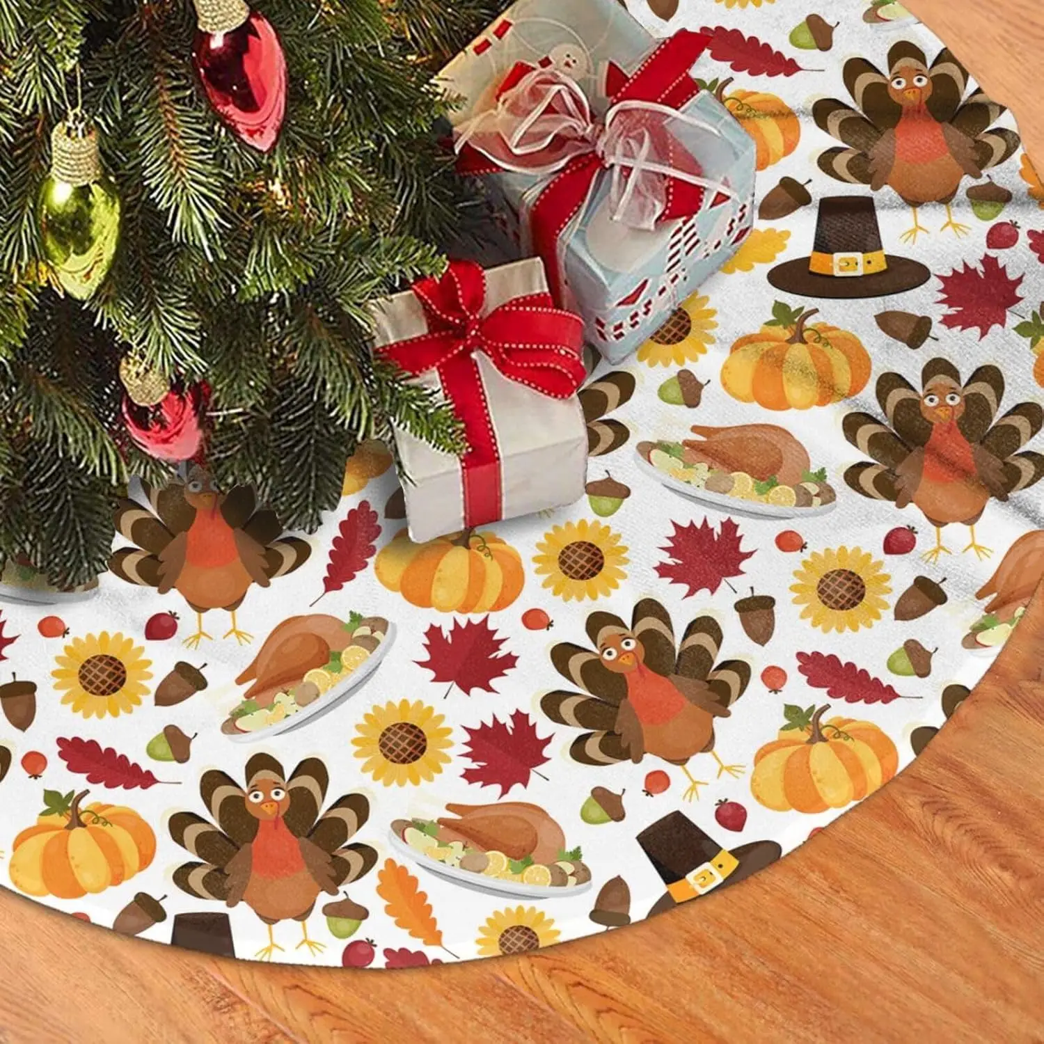 Happy Thanksgiving Day Turkey Pumpkin Christmas Tree Skirt Funny Tree Mat for Farmhouse Xmas Holiday Party Decorations Indoor Ou