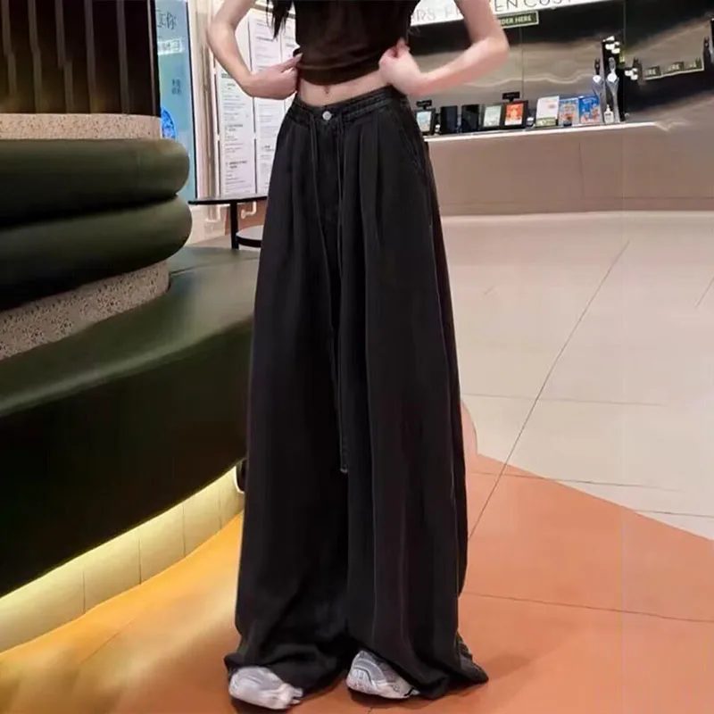 جديد إمرأة امتدت الخصر لينة الجينز الربيع الصيف رقيقة تصميم مع ثنى جيد واسعة الساق السراويل الإناث عارضة سراويل جينز 4XL