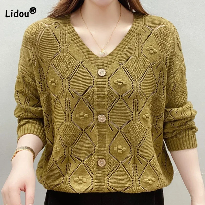 

Women's Clothing V-Neck Casual Hollow Out All-match Knitted T-shirt Autumn Fashion Solid Button Patchwork Pullovers Sweaters