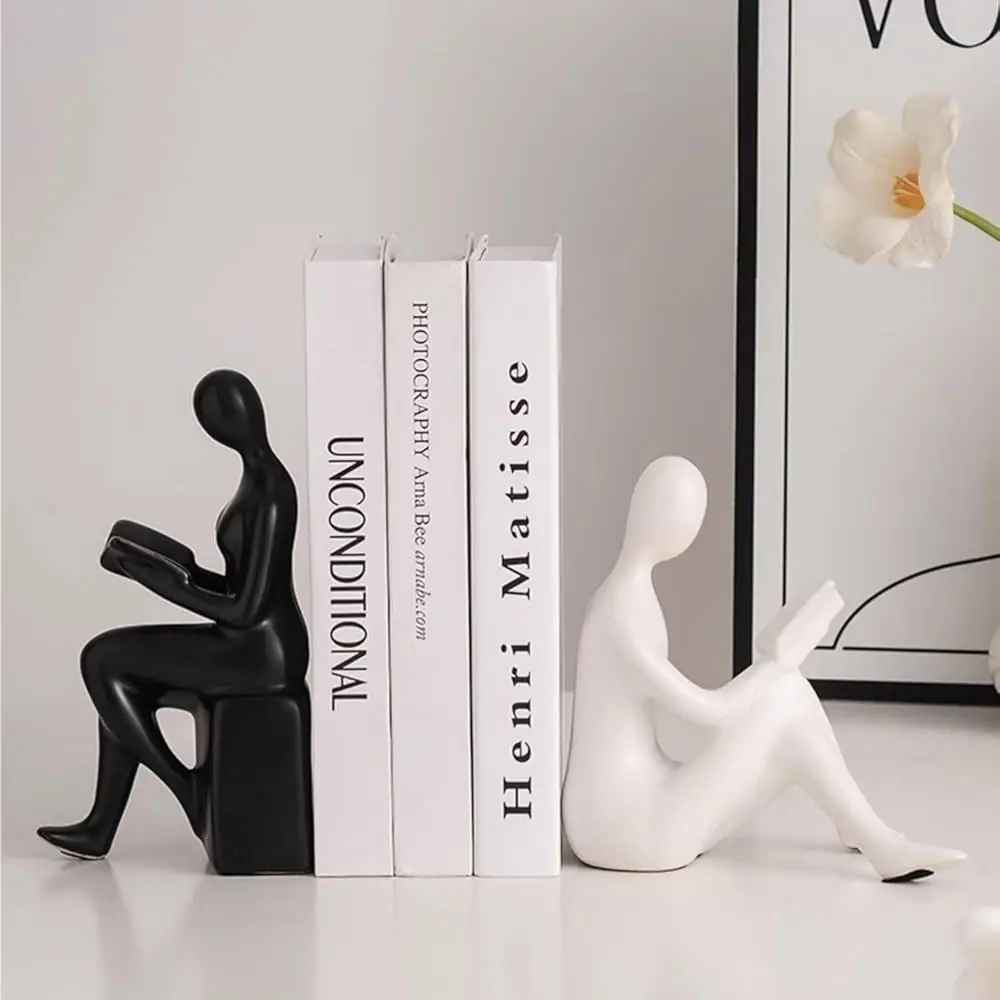 Pembaca Buku Patung Keramik Dekoratif Bookends, Ujung Buku Hitam dan Putih untuk Buku, Dekorasi Rak Tempat Buku Modern Estetika