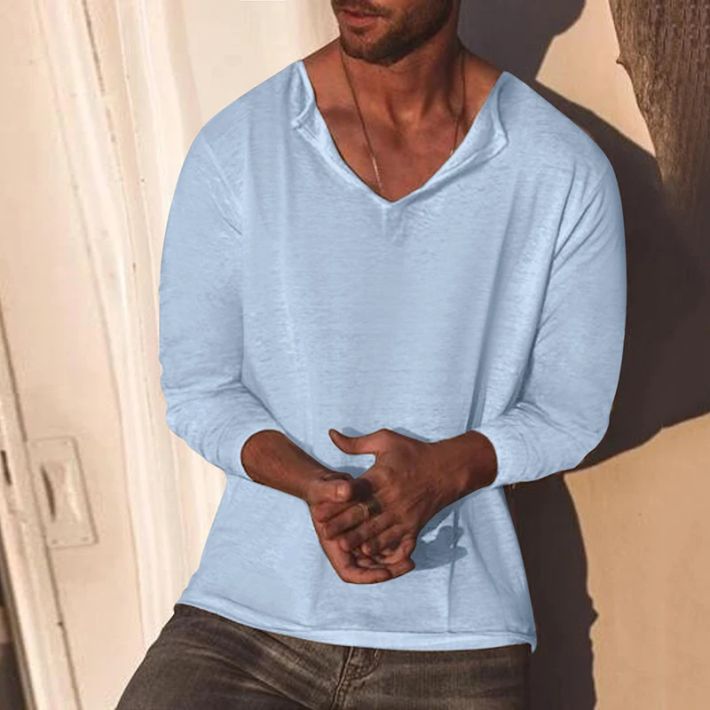 Casual Oversized Mens Tops Cotton Linen Solid Color Loose Long Sleeve V Neck T Shirt Beach Style Men Leisure Pullover Streetwear