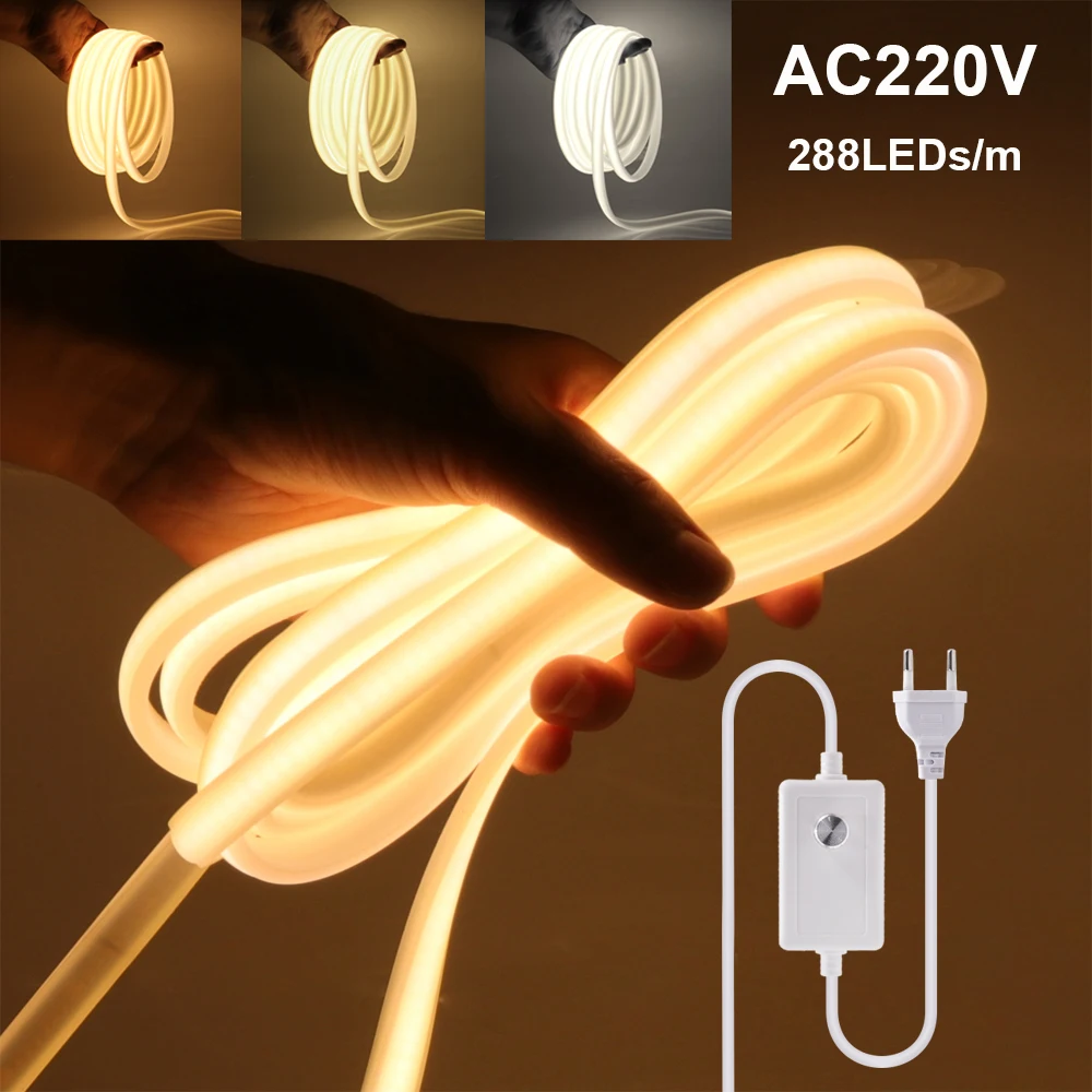 220V COB LED Strip Lights CRI RA90 288LEDs/m Flexible Outdoor Lamp Waterproof LED Tape Neon Light Dimmable Kitchen Room Decor