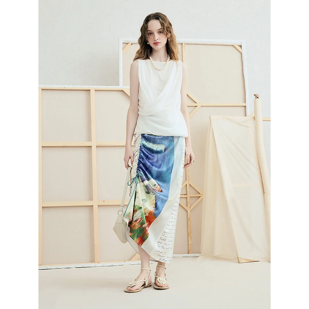 

Misty Blue Vintage Skirt with Drawstring Asymmetrical High-Waist Midi Design