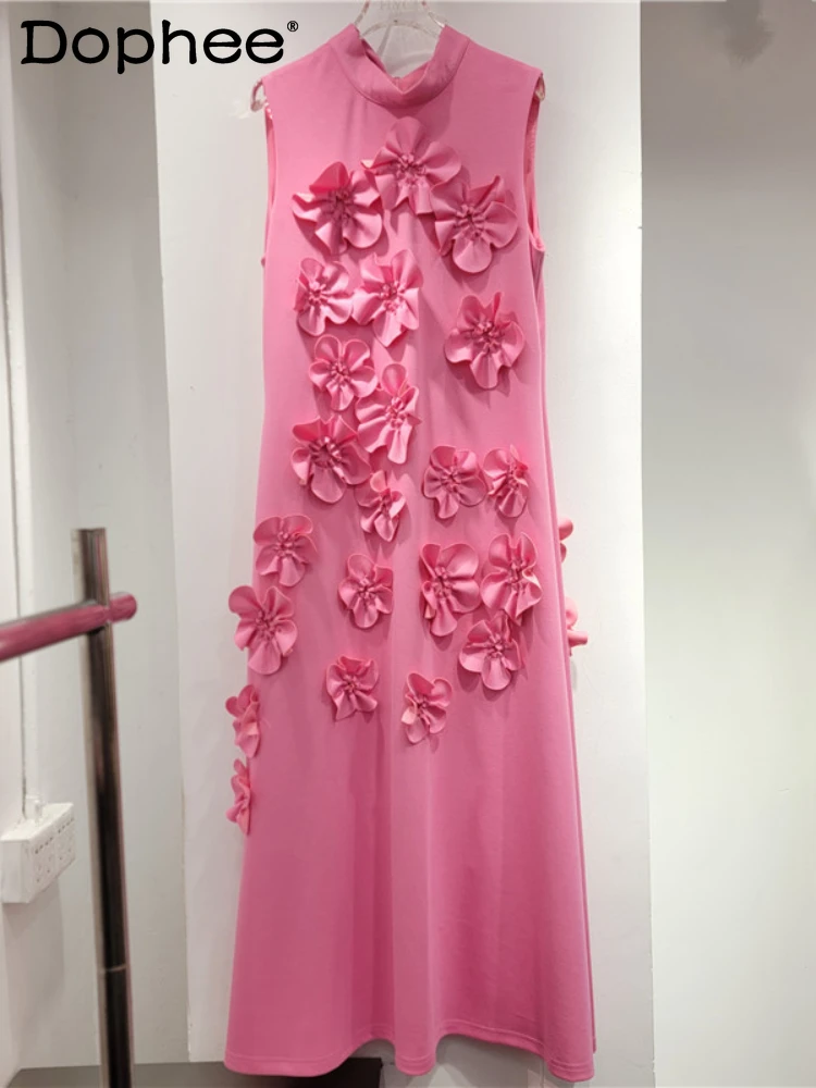 Temperament Elegant Stand-up Collar Sleeveless Solid Color Long Dress 2025 New 3d Flower Collage Design Long Dress for Women