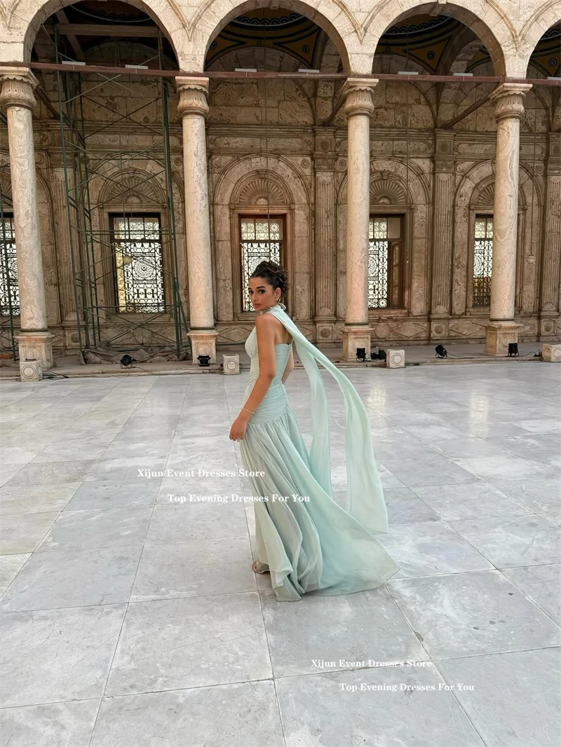 Suknie wieczorowe Xijun z szyfonu w kolorze miętowym, fason A-line, z szalem, dekolt w serek, formalne suknie balowe, plisowane, długie suknie balowe w stylu arabskim saudyjskim, szyte na miarę.
