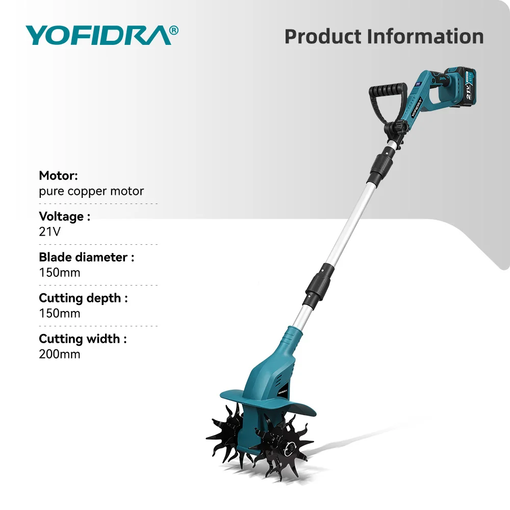 YOFIDRA 200MM Elektrische Gartenfräse Kultivator 180 ° Faltbarer Bodenfräser Rasenmäher für Makita 21V Akku – Detail 3