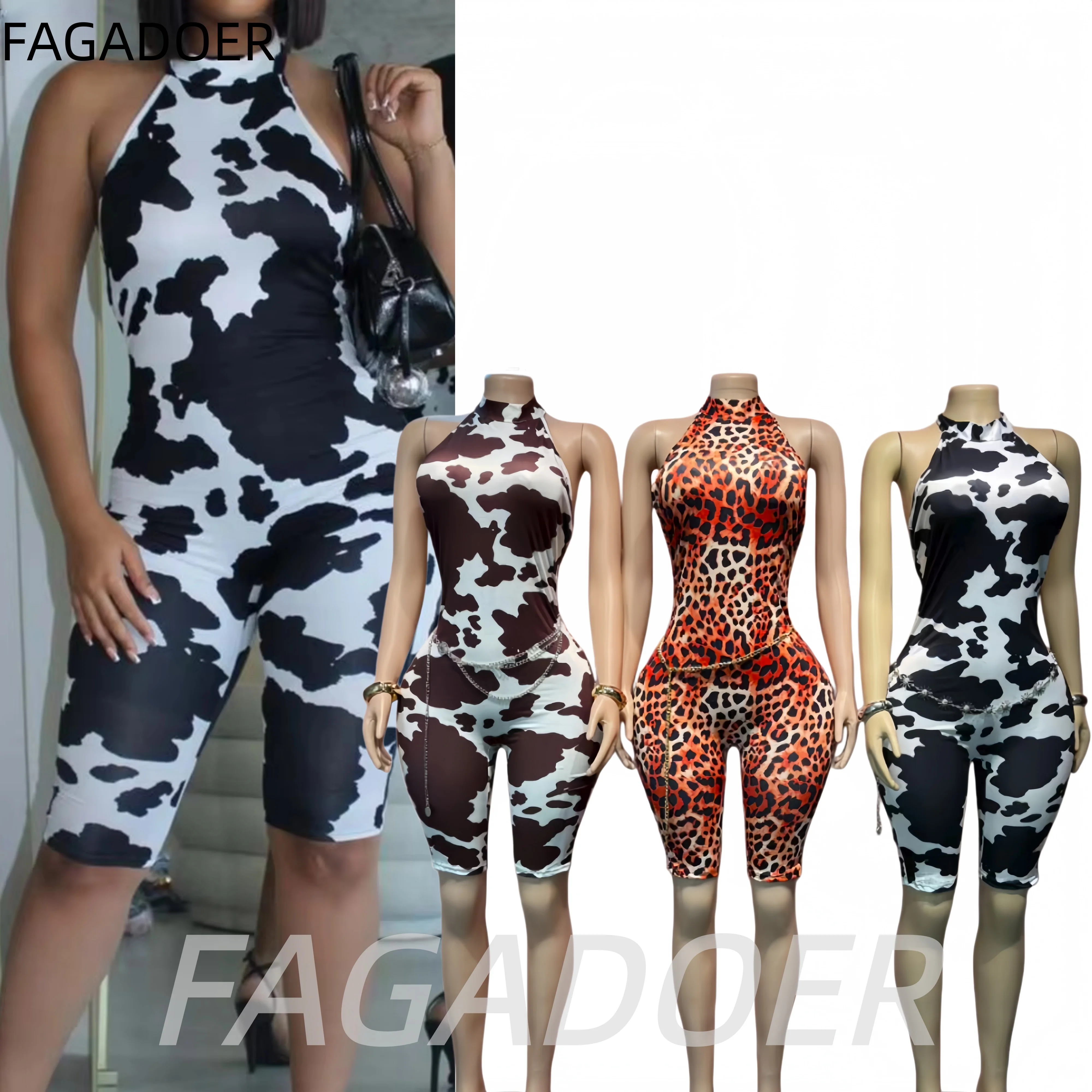 

FAGADOER Sexy Cow Patterned Romper for Women Leopard Lace-up Halter Backless Bodycon Jumpsuits Summer Streetwear Palysuits New