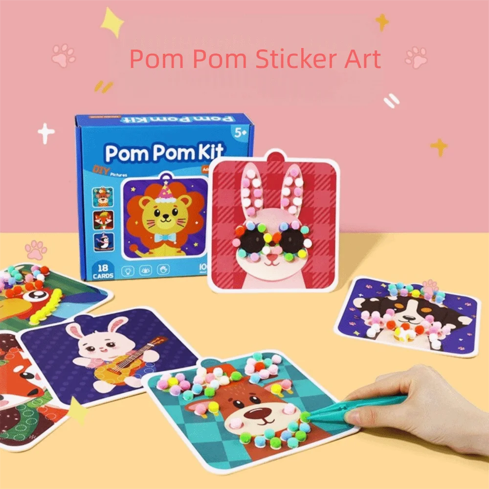 

Handmade Material Children's Sticker Book Educational Hairball Animal Pompom Art Kit Cartoon Early Learning Pompom Crafts Toy