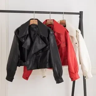 Women Loose Pu Leather Jacket Black Soft Faux Leather Jacket Street Moto Biker Leather Coat Jacket Lady Casual Outerwear