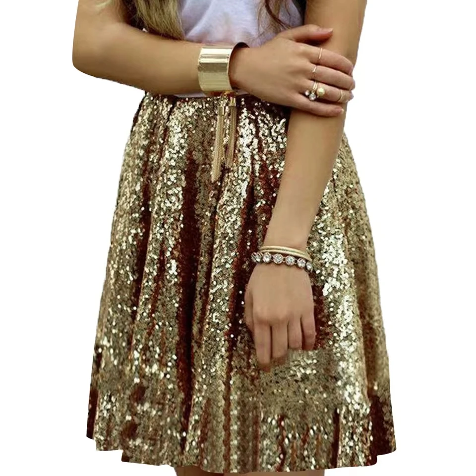 Women'S Fashion High Waist Sequin Pleated Skirt Solid Color Short Skirt Carnival Loose Sequin Skirt Summer Pleated A Line Skirts