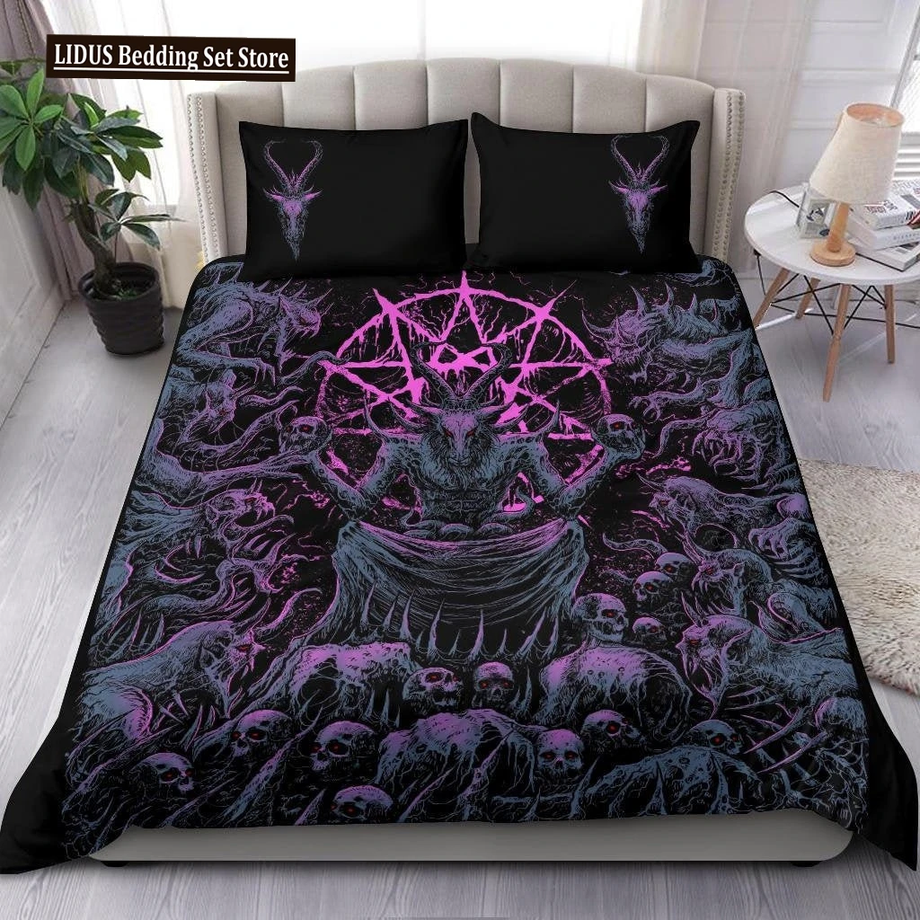 

Skull Skeleton Satanic Goat Skull Duvet Cover Set Trophy Demon Breed Bedding Sets Night Blue Pink Satanic Baphomet Quilt Cover