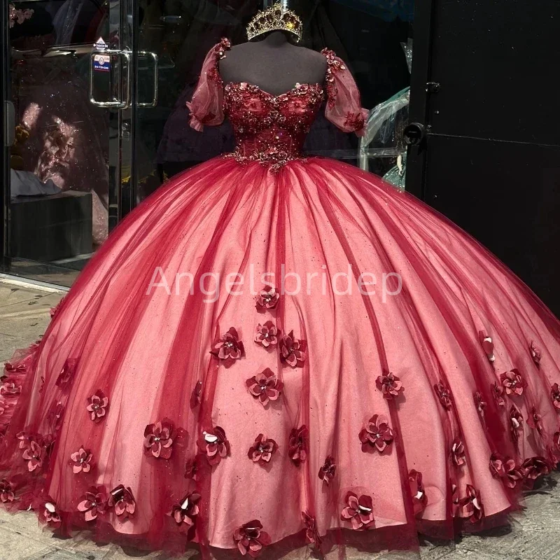 Angelsbridep Vestido De 15 Años 2025 Burgundy 3D Flora Short Sleeves Ball Gown Sweet 16 Quinceanera Dress  Evening Party Dresses