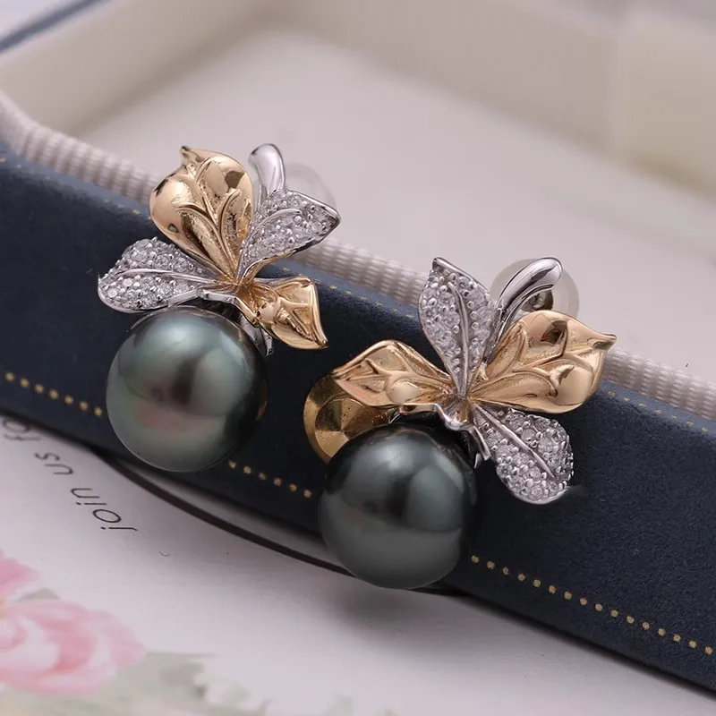 Beautiful Earrings AAAA 9-10mm10-11mm Natural Tahitian Round Black Pearl Fashion Leaf Earrings 925 Silver