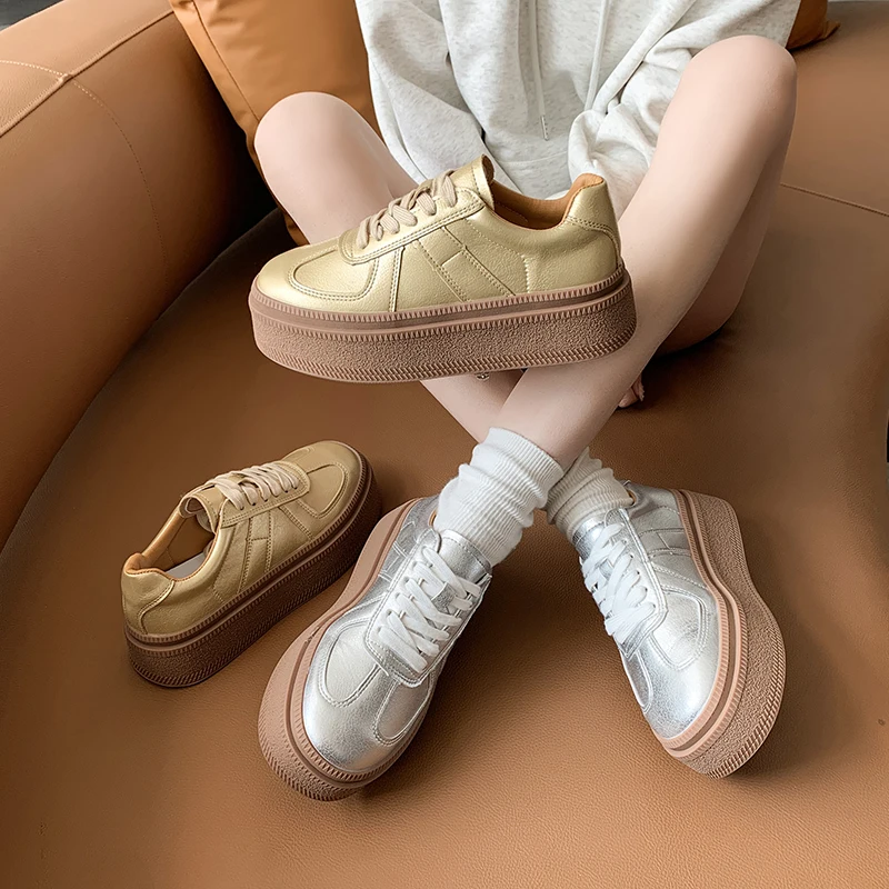 

Gold Silver Fashion Women Sneakers High Platforms Comfort Casual Ladies Shoes Round Toe Cross-tied Genuine Leather Shoes Woman