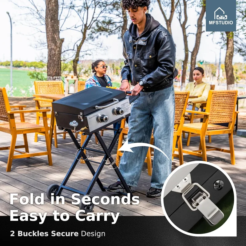 MFSTUDIO Small Portable Propane Griddle, 2 In 1 Gas BBQ Travel Grill with Foldable Stand, Compact and Light Countertop Grills