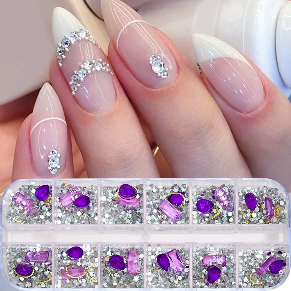 12 Grids Resin Nail Art Rhinestones Pink Green Purple Clear Mixed Colorful Nail Jewelry Design 3D Diamond Charms Nail Gemstones