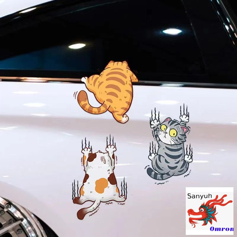 3 Cats Set  Funny Pet Cat Car Stickers, Yellow and White Cat Car Body Scratches Stickers, Locomotive Decorative Stickers