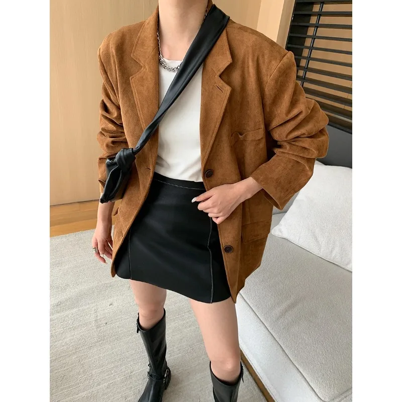 2024 Women Autumn Blazer Jacket Coat Turn Down Collar Long Sleeve Fake Suede Tops Single Button Tops For Women New In Outerwears