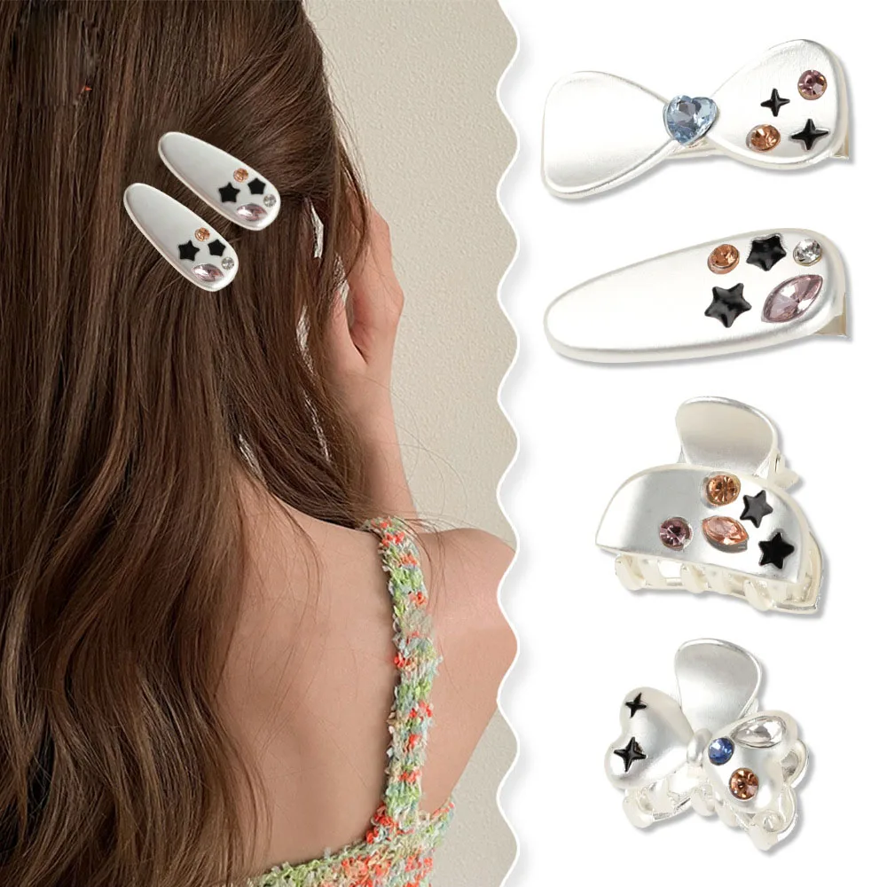 Mini Y2K Hair Claw Clips  Alloy Metal Colorful Crystal Stars Bangs Shark Clip Clamps Grab Girls Women Hair Accessories