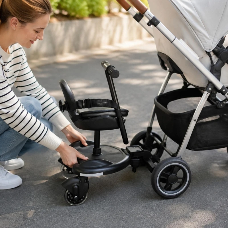 2-in-1 Adjustable Pushchair Board with Integrated Standing Platform, Two Connecting Supports, and Wheeled Base for 15UB
