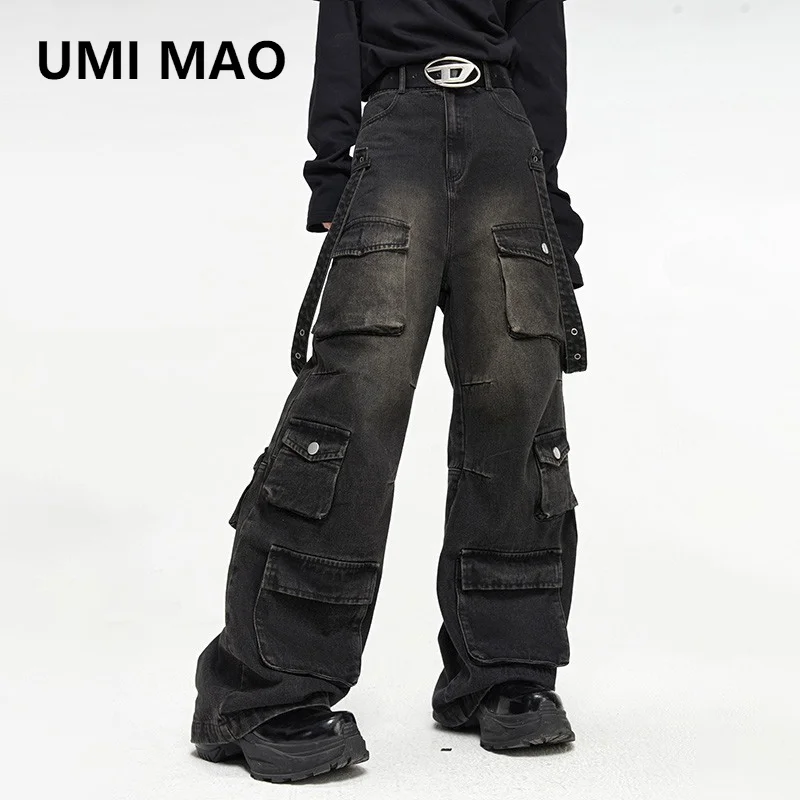 

UMI MAO Wide Leg Denim Men's 2024 Summer American High Street Multi Pocket Jeans Loose Hip Hop Straight Handsome Pants