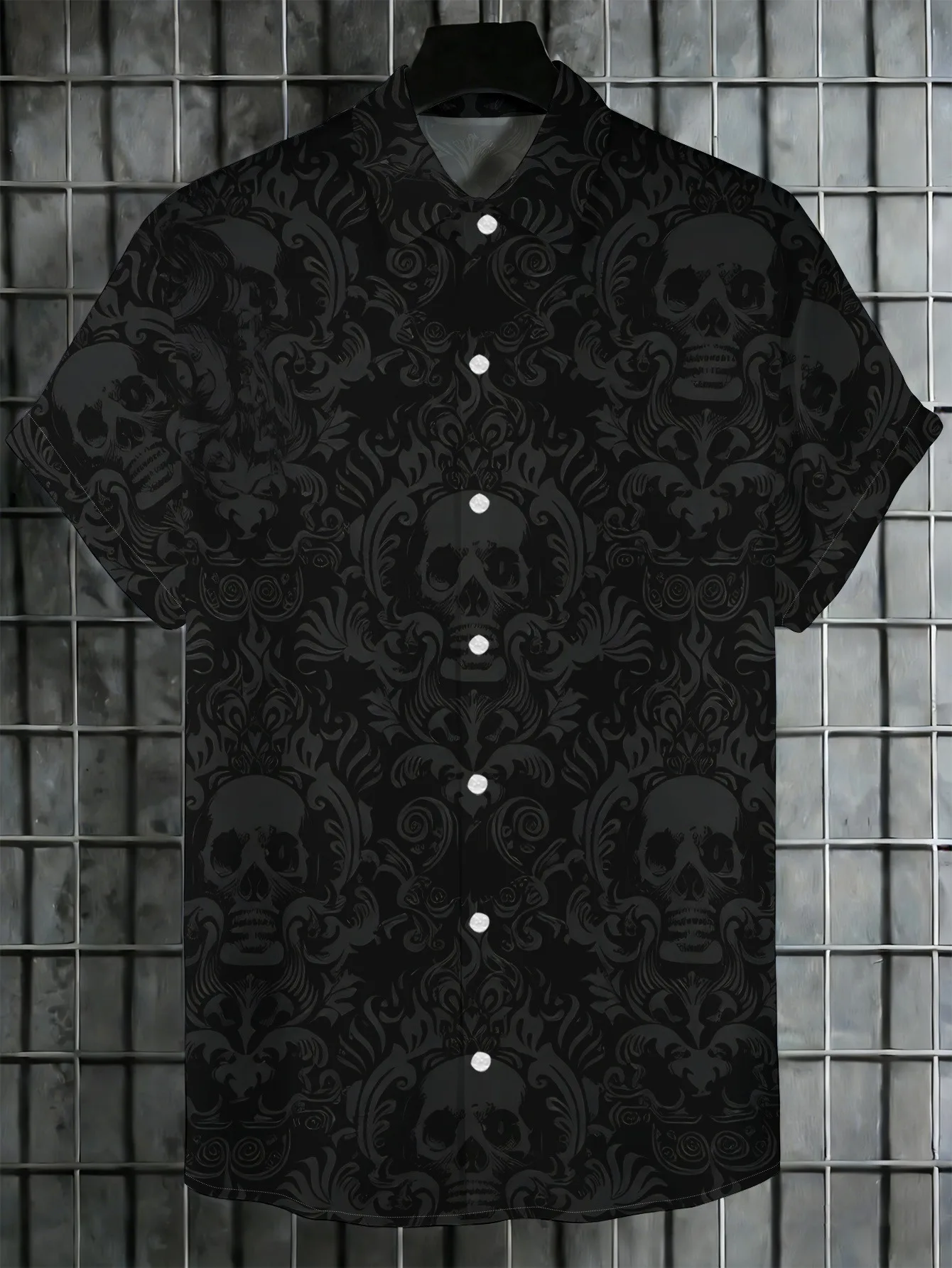 Unisex Loose Button Down Shirt Hidden Skull Damask Floral Graphic Print Camp Collar Short Sleeve Leisure Tops