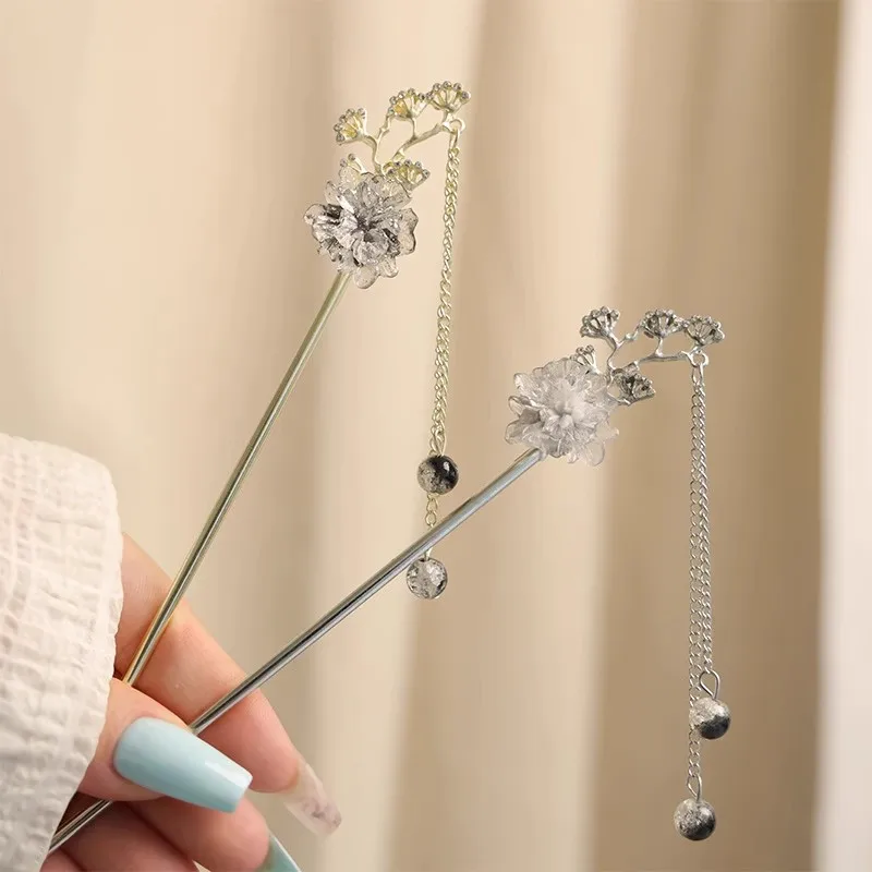 Ink Wash Rose Tassel Hair Hairpin, Ancient Style Swaying Hair Accessories Hanfu Qipao Meatballs Hair Hairpin